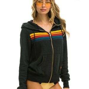 Aviator Nation 5 Stripe Hoodie with Zipper Charcoal